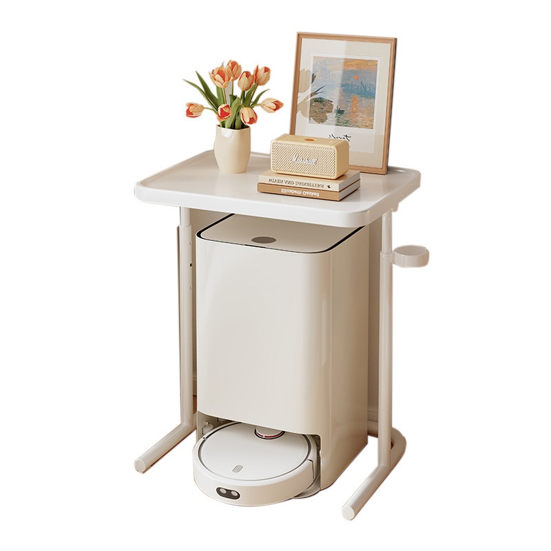 Estante de robot de barrido para el hogar, junto al mueble de TV, sala de estar blanca, sofá, estante de almacenamiento de lujo simple y moderno