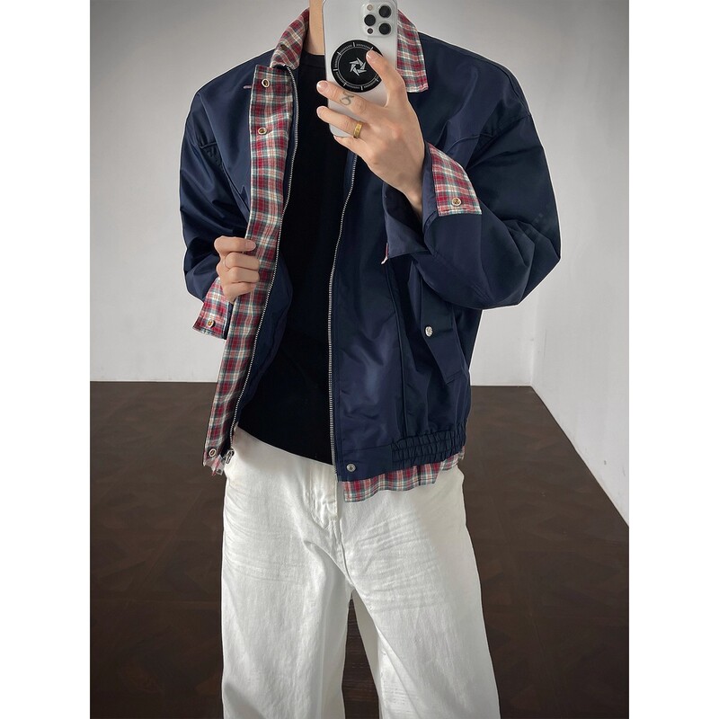 Navy Blue Fake Two-Piece Short Jacket for Men in Autum Plaid Stitching Harrington Jacket American Retro Workwear Top Navy Blue Fake Two-Piece Short Jacket for Men in Autum Plaid Stitching Harrington Jacket American Retro Workwear Top