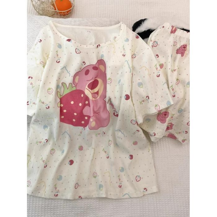 Venta al por mayor transfronteriza de verano con almohadilla para el pecho pijamas pantalones cortos de manga corta para mujer, lindo traje de servicio a domicilio coreano, nube de algodón