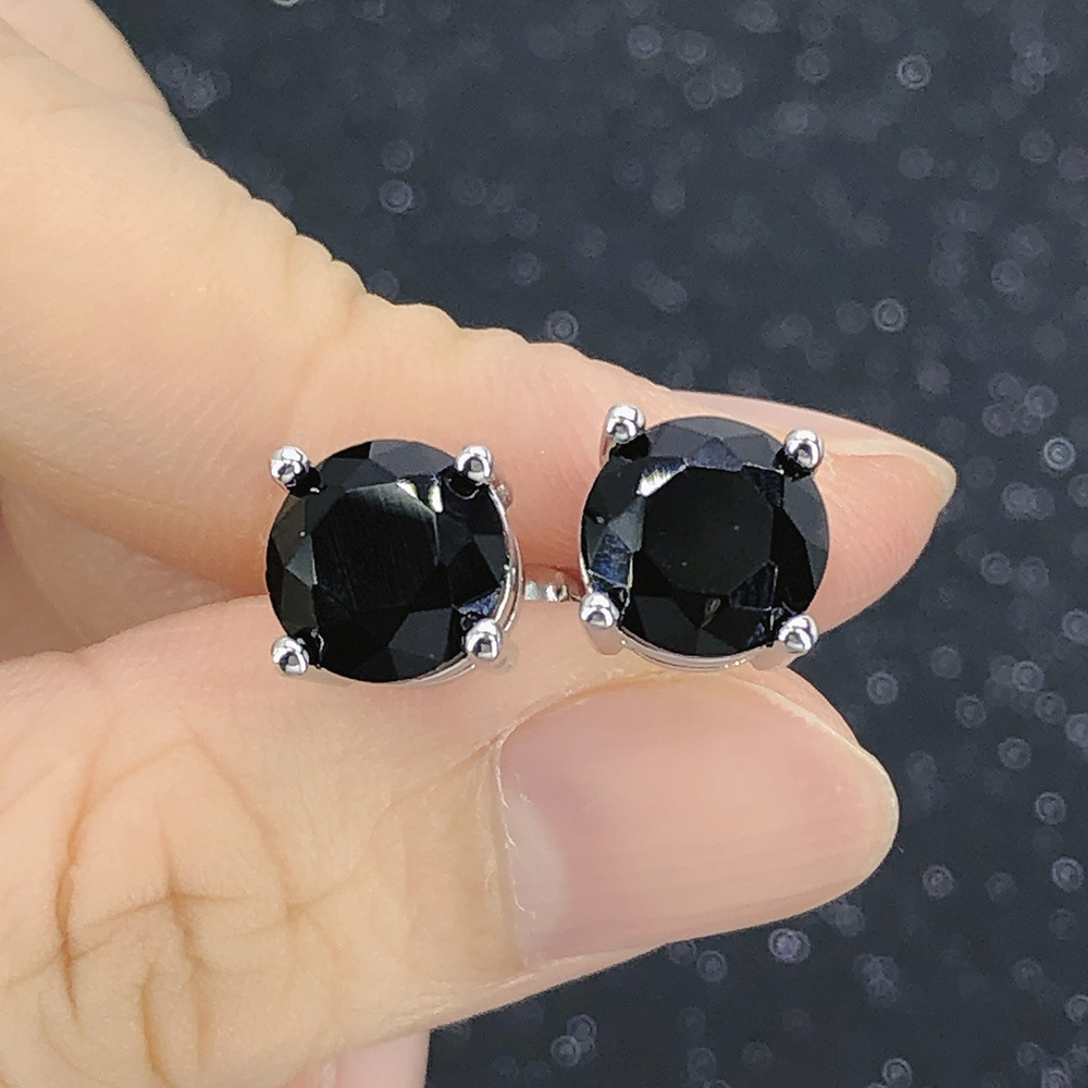 Classic Round Zircon Stud Earrings For Men Black Stone Jewelry_voghion.com
