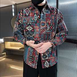 2025新款春秋季复古民族风夹克男士港风潮牌提花衬衣休闲痞帅外套