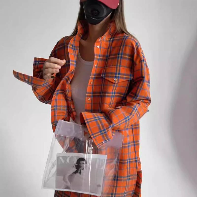 2024 Autumn Foreign Trade Women's American College Style Orange Plaid Shirt Women's Loose Pocket Lapel Long Sleeve Shirt
