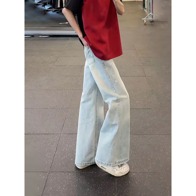 Light Blue Scimitar Jeans Men's Spring & Fall New American High Street Vibe Pants Straight Leg Slightly Flared Loose Casual Pants