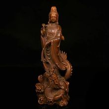 旧藏黄杨木雕刻驭龙观世音菩萨佛像家居客厅观音供奉小摆件仿古
