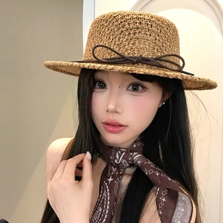 老钱风复古镂空平顶草帽女夏季海边沙滩遮阳防晒帽度假风太阳帽子