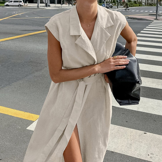 French Commuter Elegant Cotton Linen dress Women's 2025 Summer Elegant khaki Lace-Up Shirt Dress Women's Dress