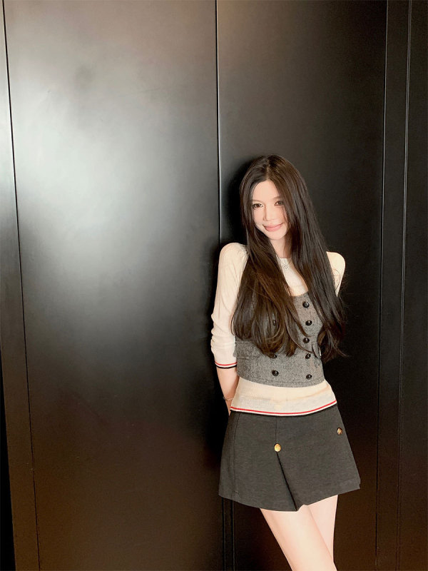titi小姐姐【智性日常】半身裙女秋学院风灰色显瘦中低腰毛呢短裙|undefined