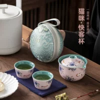 Женский чайный набор Cangji, быстрая чашка, одна кастрюля, две чашки, кошка, красивый уличный портативный дорожный чайный набор для двоих