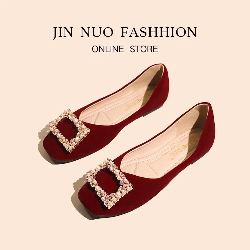 Red Wedding Shoes Women's Xiuhe Wedding Dress Two-Wearing Flat Bridal Shoes plus size Pregnant Women's Single-layer Shoes Not Tired Feet Low Heel Wedding Shoes