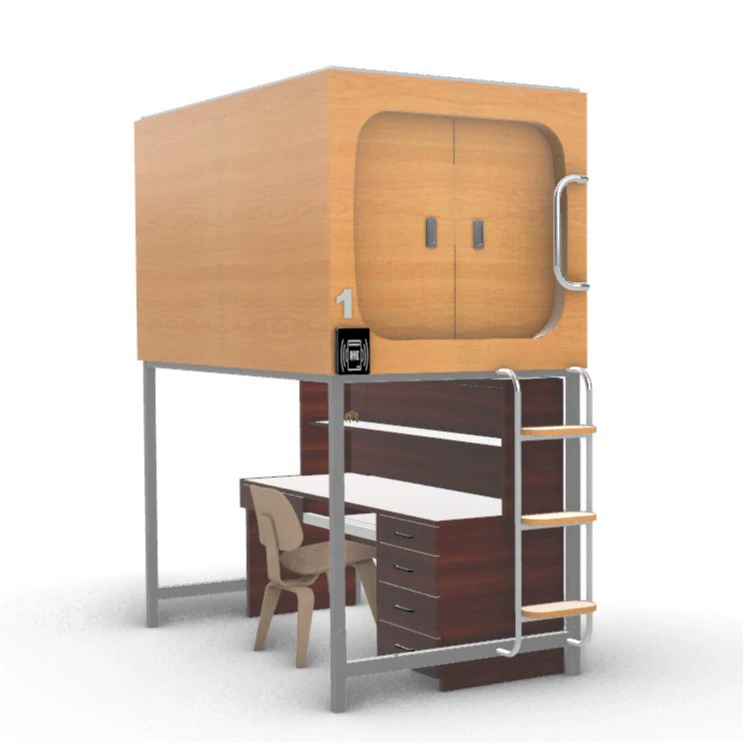 Кровать-капсула для рабочего стола может быть собрана и разобрана над капсулой и под столом.