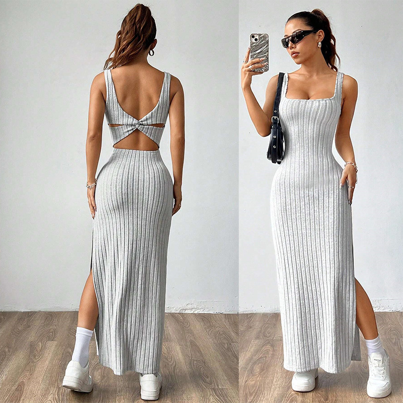 Spring and Summer 2024 New Amazon European and American Solid Color Pit Scrub Sling Sling Casual Style Dress Women's Long Dress