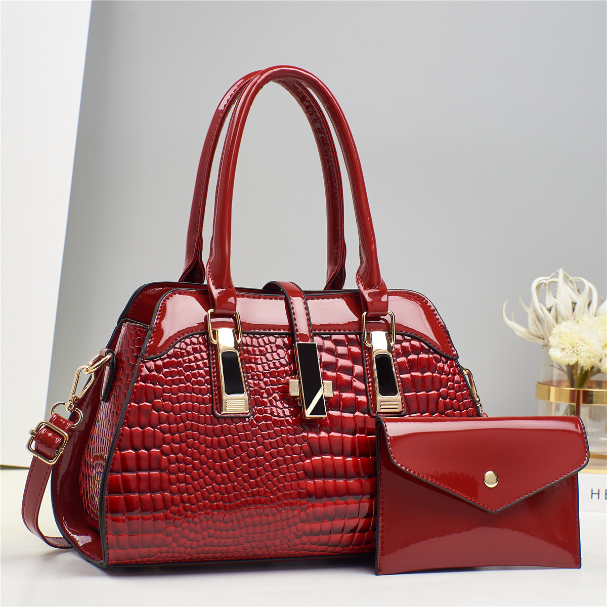 Platinum Shiny Leather Handbag Set With Matching Pouch, Taizhou Women's Crocodile Embossed Shoulder And Crossbody Bag - Thumbnail 4