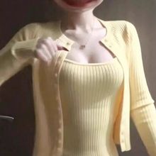 韩系新款纯欲辣妹针织吊带开衫两件套女春秋季百搭修身显瘦上衣潮