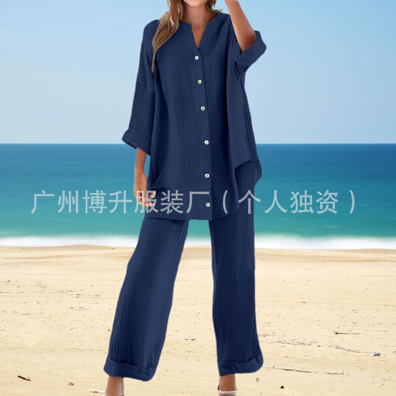 ヨーロッパとアメリカの婦人服、クロスボーダーレディースカジュアルスーツ、綿麻パンツスーツ、夏用長袖ボタンシャツカジュアルスーツ|undefined