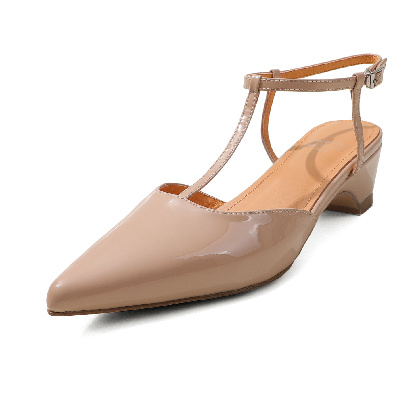 Sandal nữ mũi nhọn da bò sơn mài quai T khóa, gót 4.5 cm, phong cách Hàn Quốc — đen