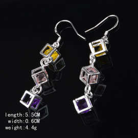 跨境热卖耳坠气质女耳坠经典流苏魔方锆石耳饰奢华百搭女士耳饰