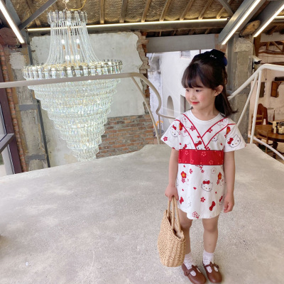 Girls dress 2021 summer new pattern Sweet kimono Long T Female baby Big bow Cartoon skirt