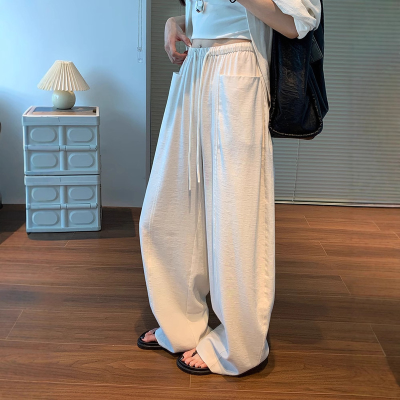 White Curved Hem Pants for Women, Summer Cool Tencel Linen Wide-Leg Pants, Petite Lazy Old Money Style Cotton Linen Thin Pants