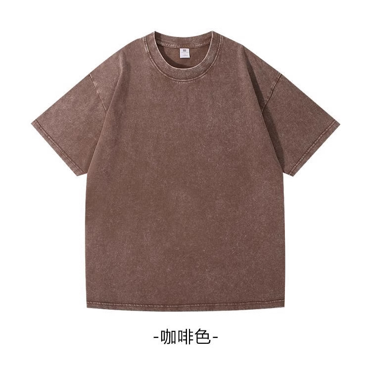 Exclusivo transfronterizo 230g de cera de algodón pesado lavado y viejo copo de nieve frito camiseta de manga corta hombro perdido retro calle suelta