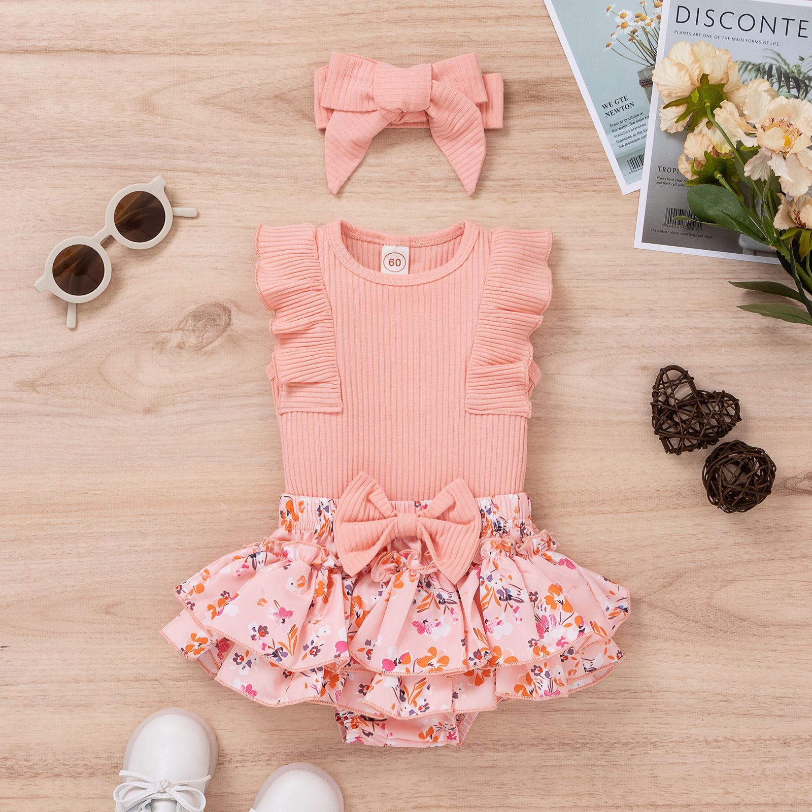 160g Weight Sleeveless Sleeve Length Cotton Fabric Type Skirt Sets Sets Type Fashion Solid Color Flower Cotton Girls Clothing Sets