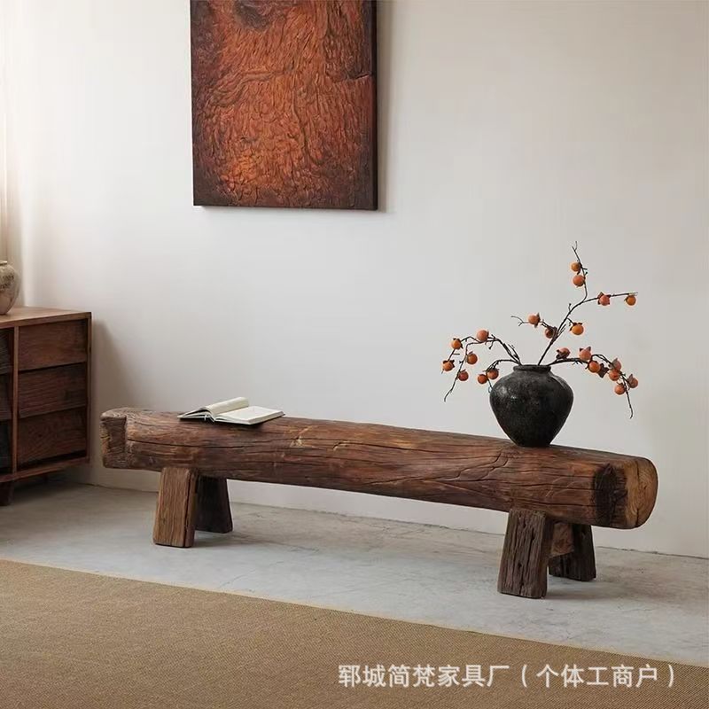 北の古いニレ風化ロングベンチ円筒形木製パイルスツールB&B装飾無垢材特殊形状靴交換スツールベンチ|undefined