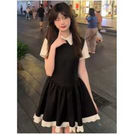 夏季娃娃领连衣裙女款复古学院风假两件小个子穿搭蕾丝拼接小黑裙