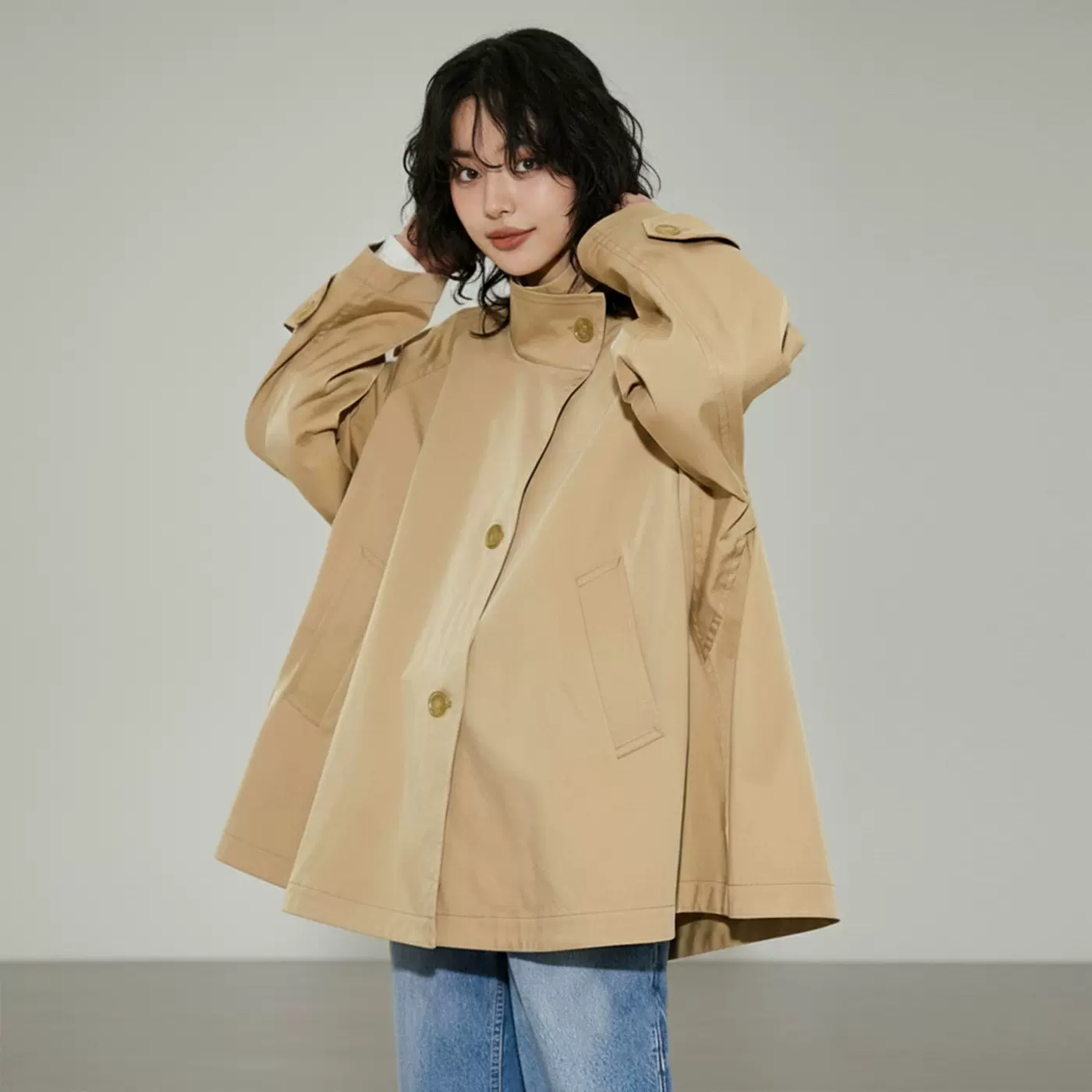 棉茧 英伦设计感卡其色立领风衣外套女2025年秋冬新款宽松外套
