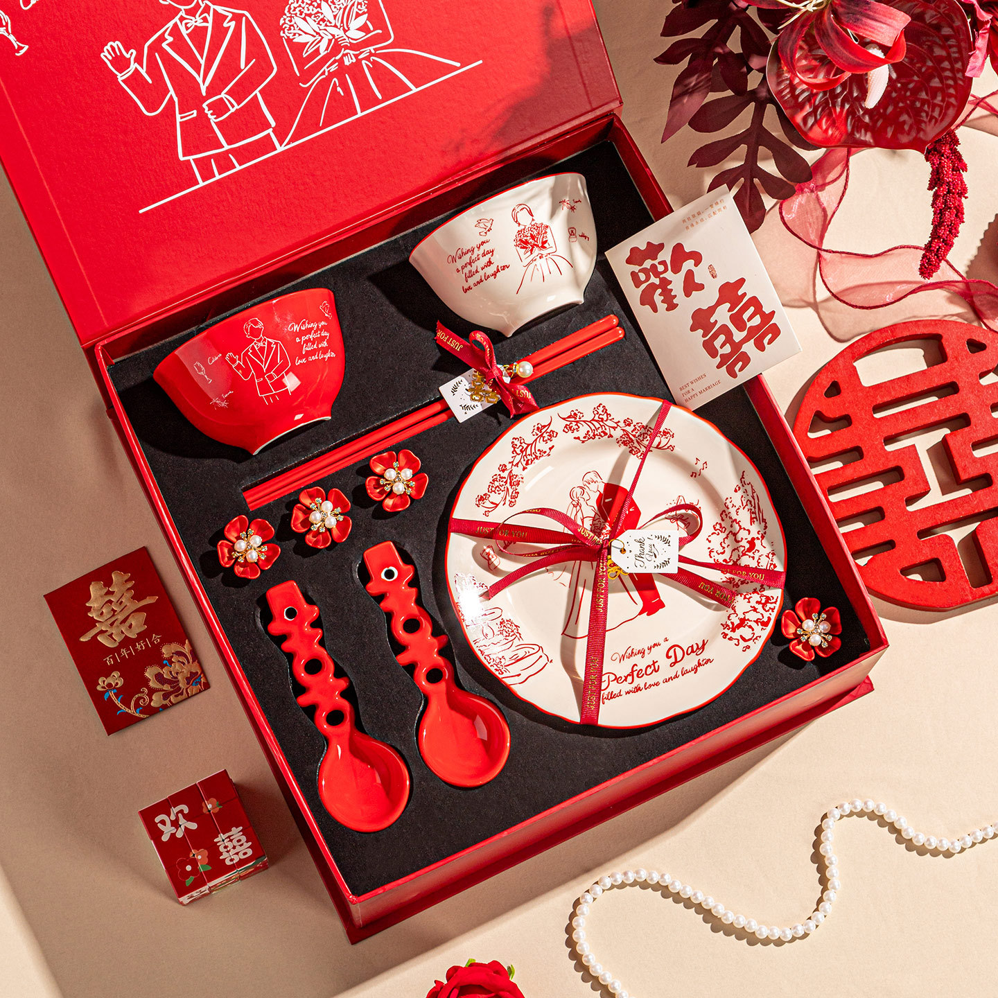 Bozos de boda de alta calidad, platos de fiesta, cubiertos, cajas de regalo, casadas, regalo de mano, cubiertos de cerámica, set de regalo