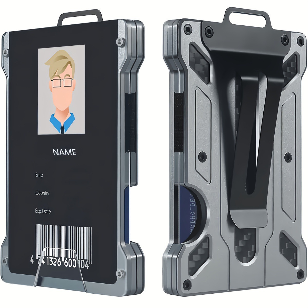 Amazon's new aluminum alloy card holder with transparent name tag, RFID, metal wallet, work ID card holder, and name tag slot.