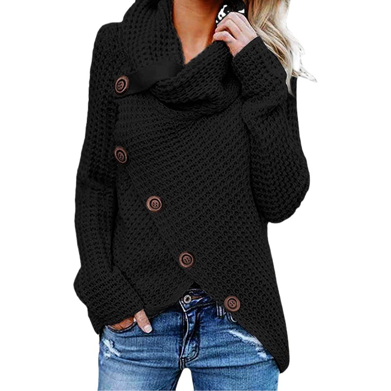 Ropa de punto de manga larga europea y americana eBay Amazon nuevo jersey de cuello alto de cinco botones de color sólido suéter de las mujeres