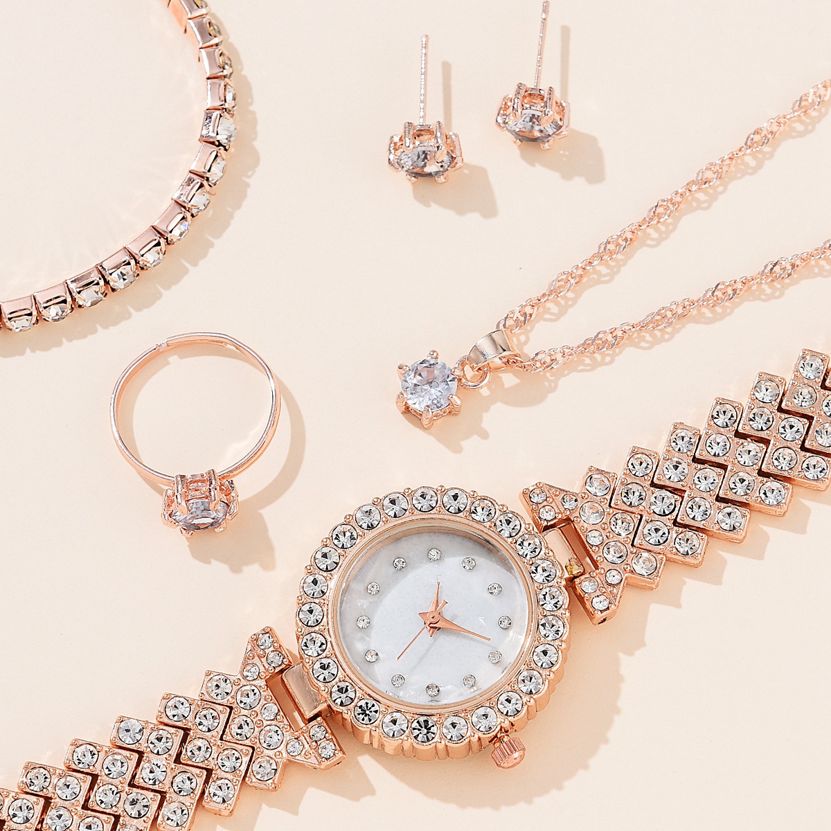 Nuevo reloj 5 unids/set reloj de mujer conjunto de regalo de joyería con pulsera de diamantes + collar + pendientes + anillo de regalo_voghion.com