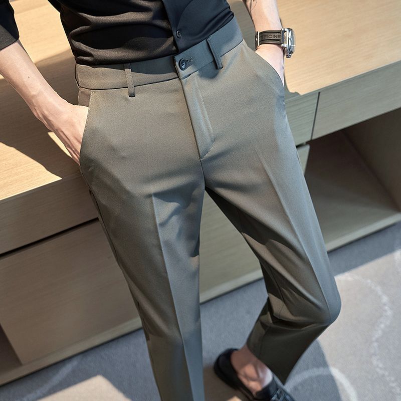 Men's Cropped Dress Pants Spring/Summer High-End Business Formal Casual Slim Fit Embroidered Cropped Suit Pants