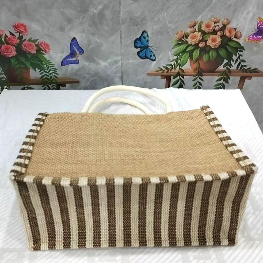 现货手提袋立体麻布袋diy创意麻布包#条纹侧底款礼品收纳创意收纳