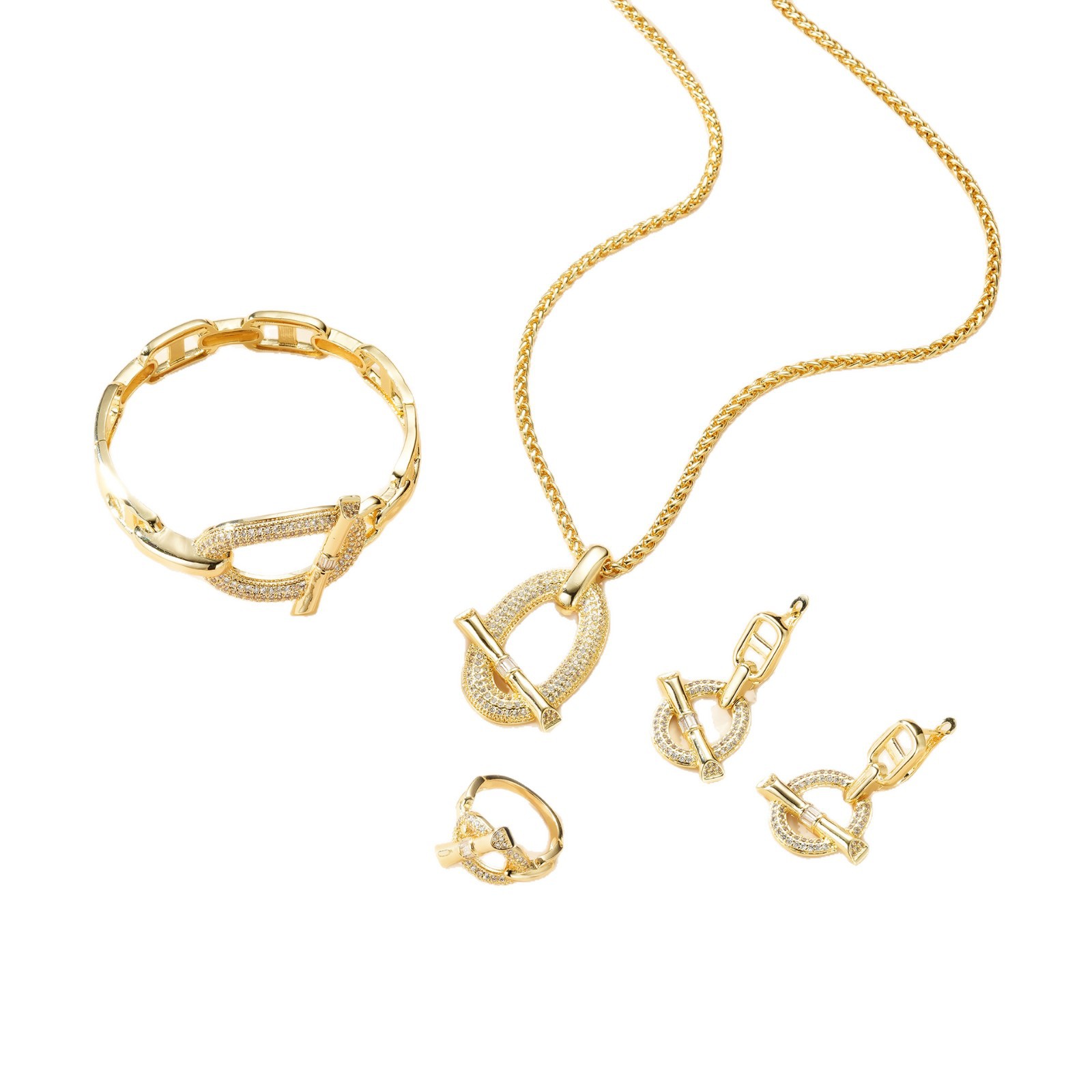 Europa y los Estados Unidos lujosos ins viento conjunto de joyería anillo brazalete collar bronce de bronce joyería de moda de alta gama cuatro piezas conjunto de mujeres