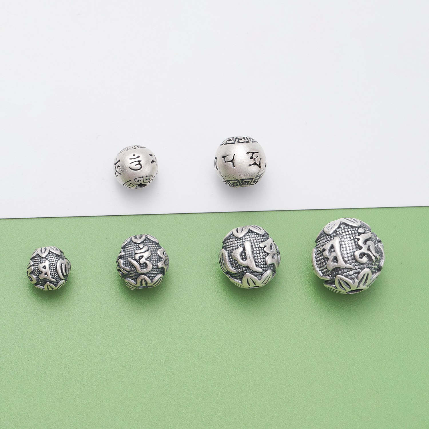 999足银3D硬银六字真言散珠万字纹隔珠莲花六字真言圆珠隔珠配件