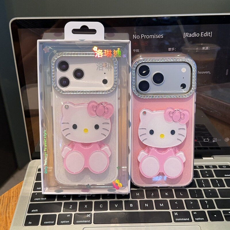 Large-hole glitter three-in-one phone case for iPhone 18 Pro Max, featuring a KT cat stand and mirror, compatible with Apple 16/15