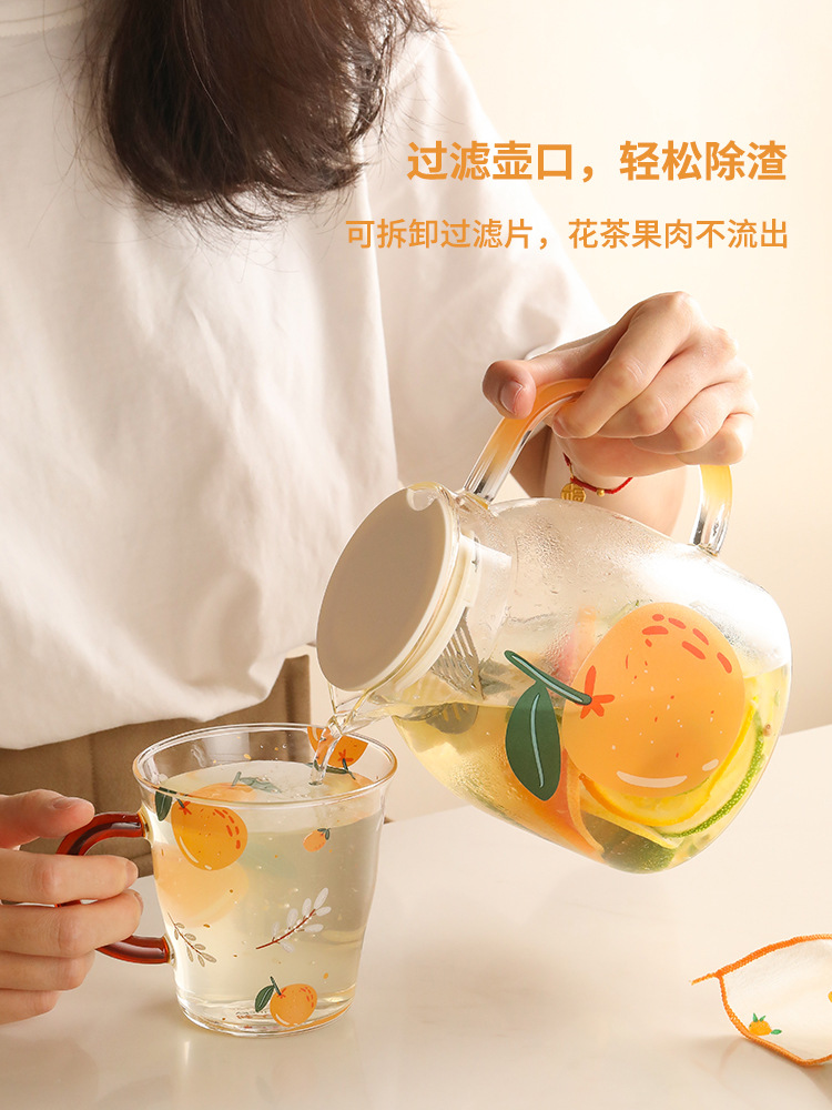 WBZ7 Large Orange and Prosperity Glass Water Kettle, High-Temperature Resistant Tea Kettle, Cold Water Kettle, Large Capacity Household Cup, Cold Water Kettle Set