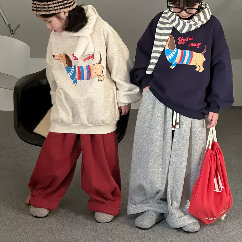 末小蒙童卫衣2026冬款男女童韩版小狗印花上衣儿童加绒宽松卫衣