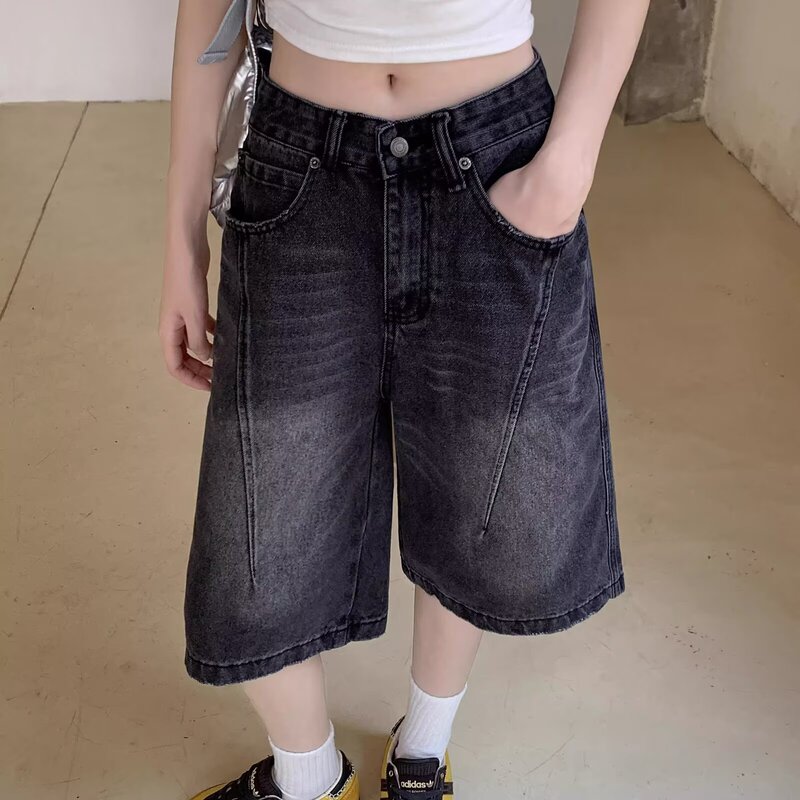 Plus Size American Retro Black and Gray Three-Quarter Denim Shorts for Women Summer Fat mm High Waist Loose Wide Leg Straight Pants Plus Size American Retro Black and Gray Three-Quarter Denim Shorts for Women Summer Fat mm High Waist Loose Wide Leg Straight Pants