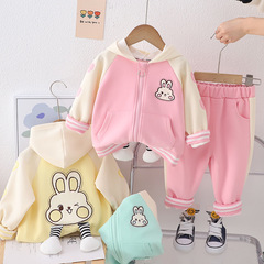 女童春季可愛長袖後背立體腳兔子拉鏈連帽外套運動女寶1歲兩件套2