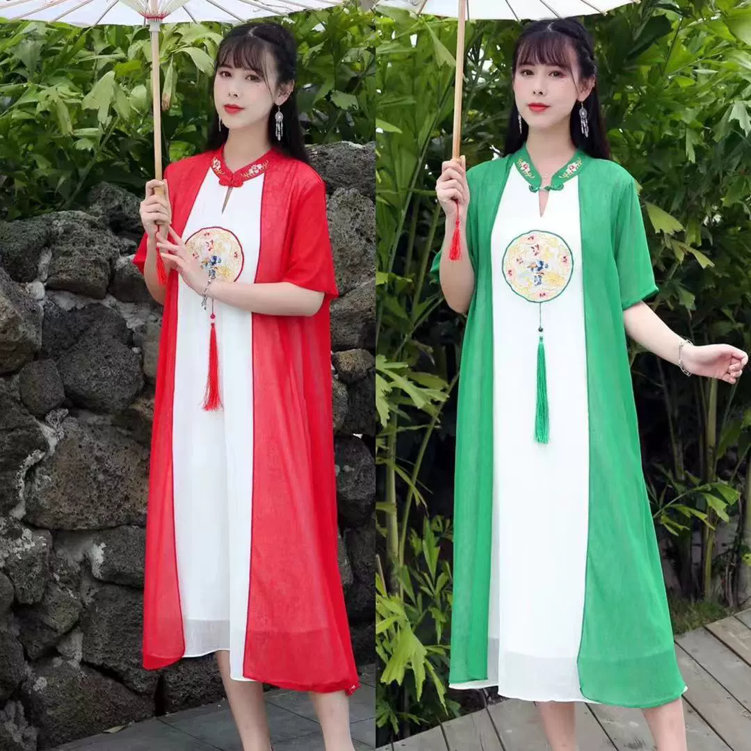 Летнее новое платье в этническом стиле с воротником чонсам, прикрывающее живот, искусственное платье с вышивкой из двух частей, дорожное пляжное платье