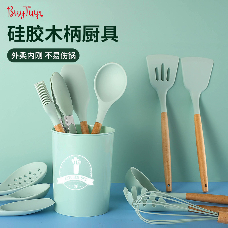 不粘锅硅胶木柄厨具组合套装 厨房家用锅铲勺烹饪工具跨境亚马逊
