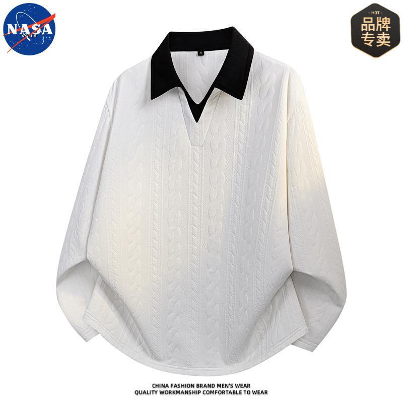 NASA brand high-quality faux two-piece knitted turn-down collar long-sleeve sweatshirt for men, autumn fashion casual loose top