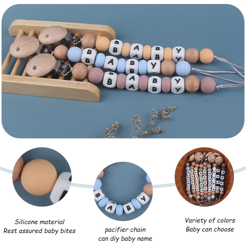 Suministros para bebés Beech chupete clip calmante bebé silicona DIY nombre mordedura molar chupete cadena anti-caída de la cadena