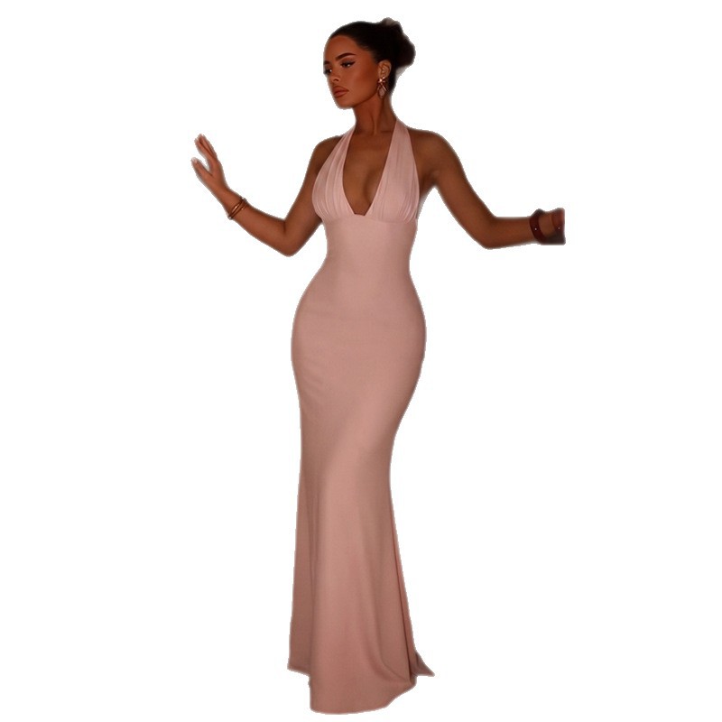 Europa y América trajes de mujer transfronterizos 2026 nuevo color sólido sin mangas cuello colgante correa de espalda larga bolsa de cadera vestido delgado mujer image 5