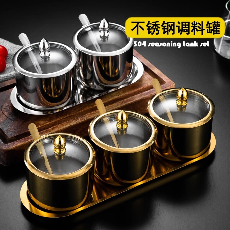 304ステンレススチール组み合わせ味付け家庭用セットキッチン调味料収纳缶缶スプーン付き取っ手付きゴールド塩缶|undefined