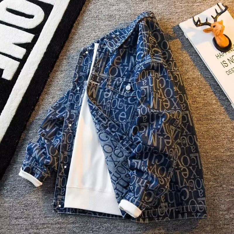 Cross-Border Exclusive Spring and Autumn New Lapel Denim Jacket for Men, American Retro Trendy Brand, Stylish Loose Casual Jacket