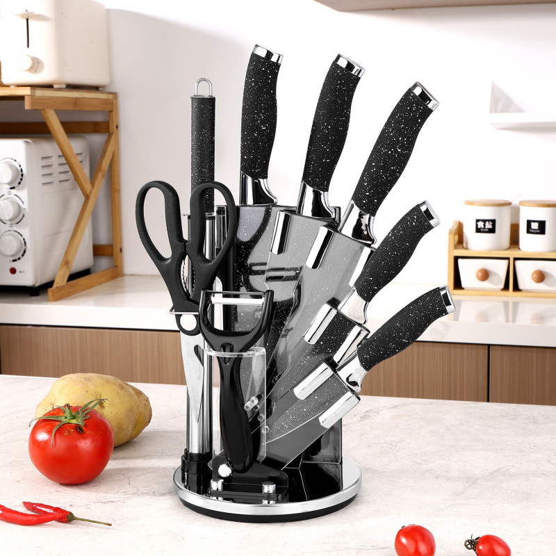 Asiento giratorio doble galvanoplastia, mango de punto de pulverización, juego de combinación de acero inoxidable, cuchillo de chef, herramientas de cocina para el hogar, stock al por mayor