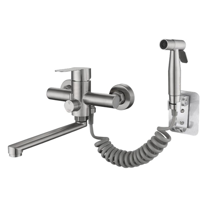 Punch-free 304 caliente y frío de acero inoxidable cepillado montado en la pared de doble agujero grifo del fregadero de la cocina con boquilla de limpieza