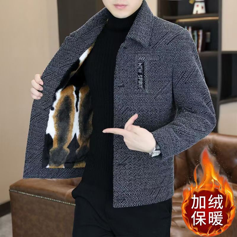 Autumn and Winter New High-End Men's Woolen Coat Casual Versatile Fleece-Lined Thickeneded Woolen Dad Middle-Aged Jacket
